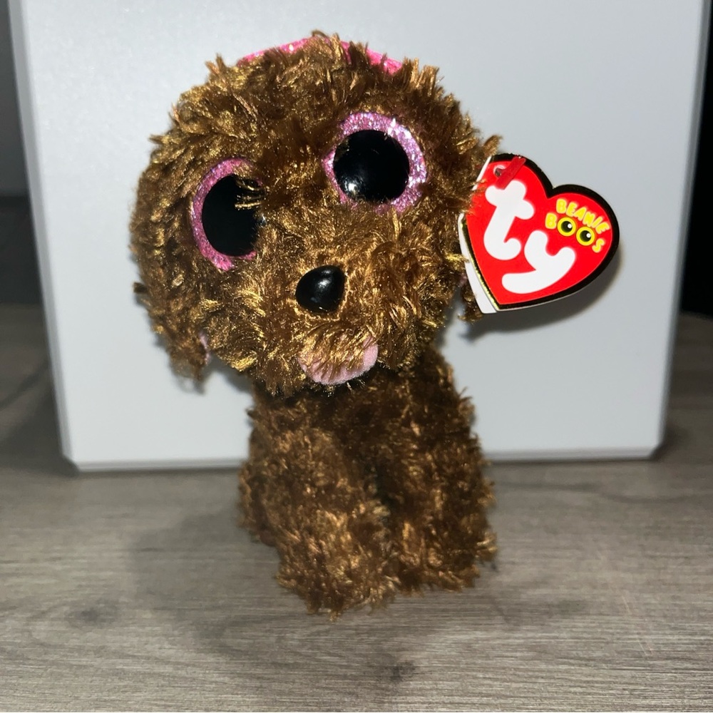 NWT Ty Beanie Boo “Maddie” the Brown Dog with Pink Bow-6 inch-Mint Tags Attached